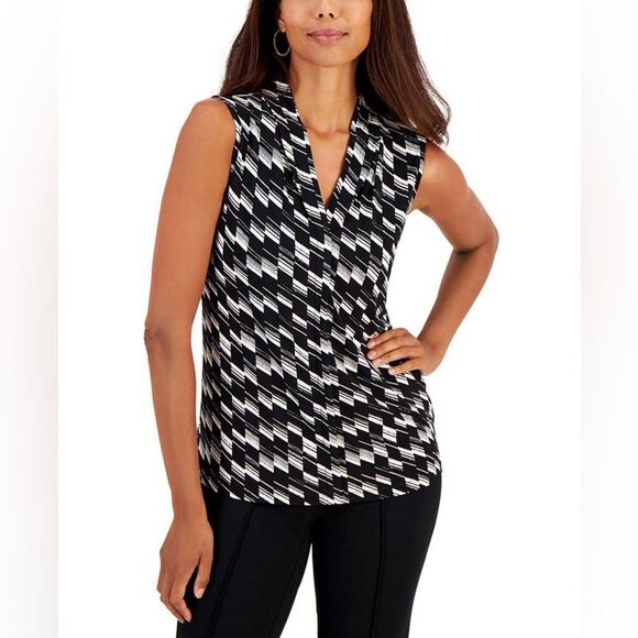 KASPER Women's Sleeveless Pleated V-Neck Top black-and-white size XL NWT in pkg - Picture 1 of 7